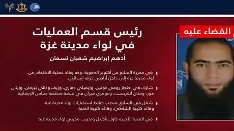 الجيش الإسرائيلي يعلن اغتيال رئيس قسم عمليات "حماس" في غزة